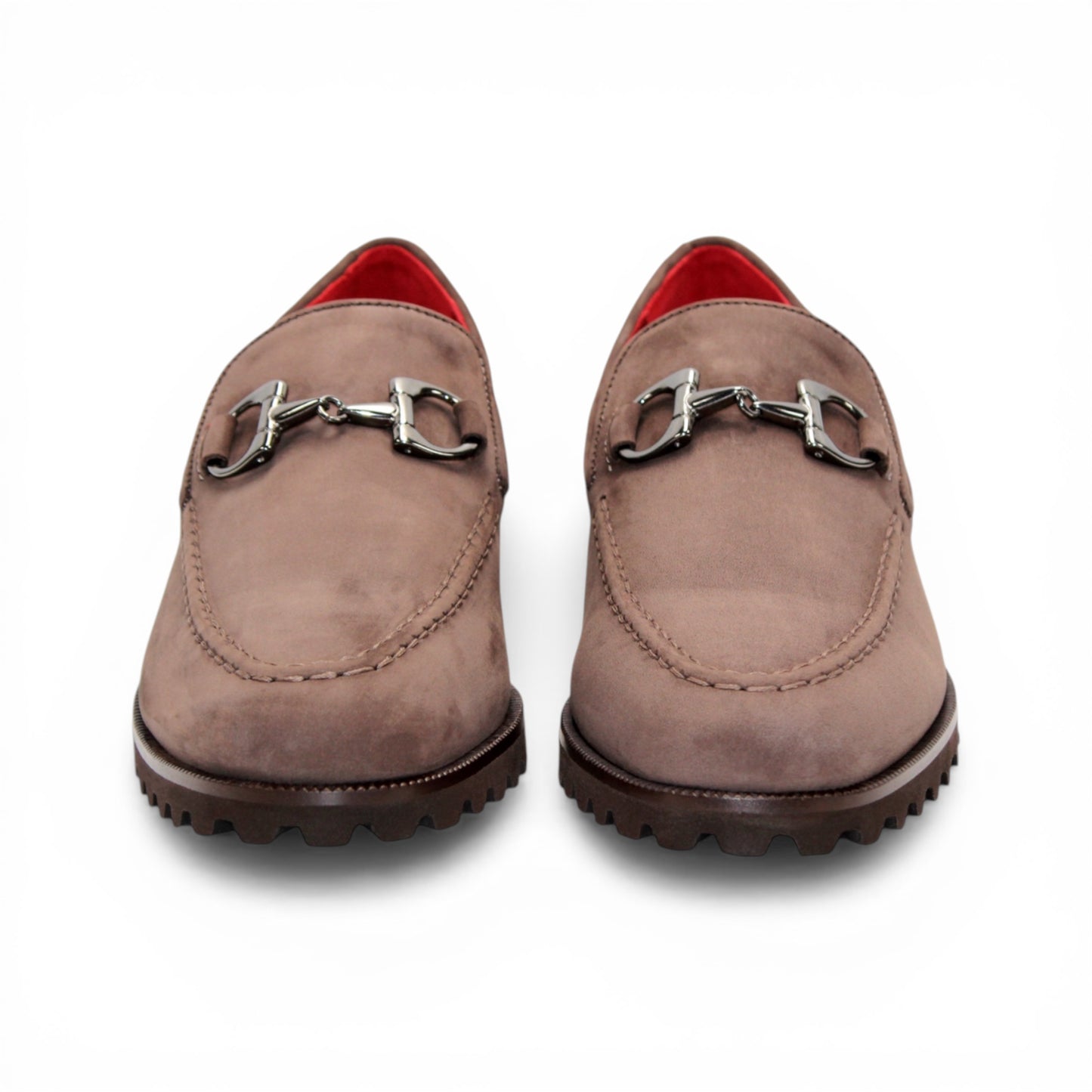 Emilio Franco EF363 Brown loafer, crafted from Italian Genuine Nabuk suede, showcases a sophisticated metal bit detail, red interior lining, moccasin-style stitching, and a textured rubber sole—an elegant men’s dress shoe by Emilio Franco, displayed from the side on a white background.