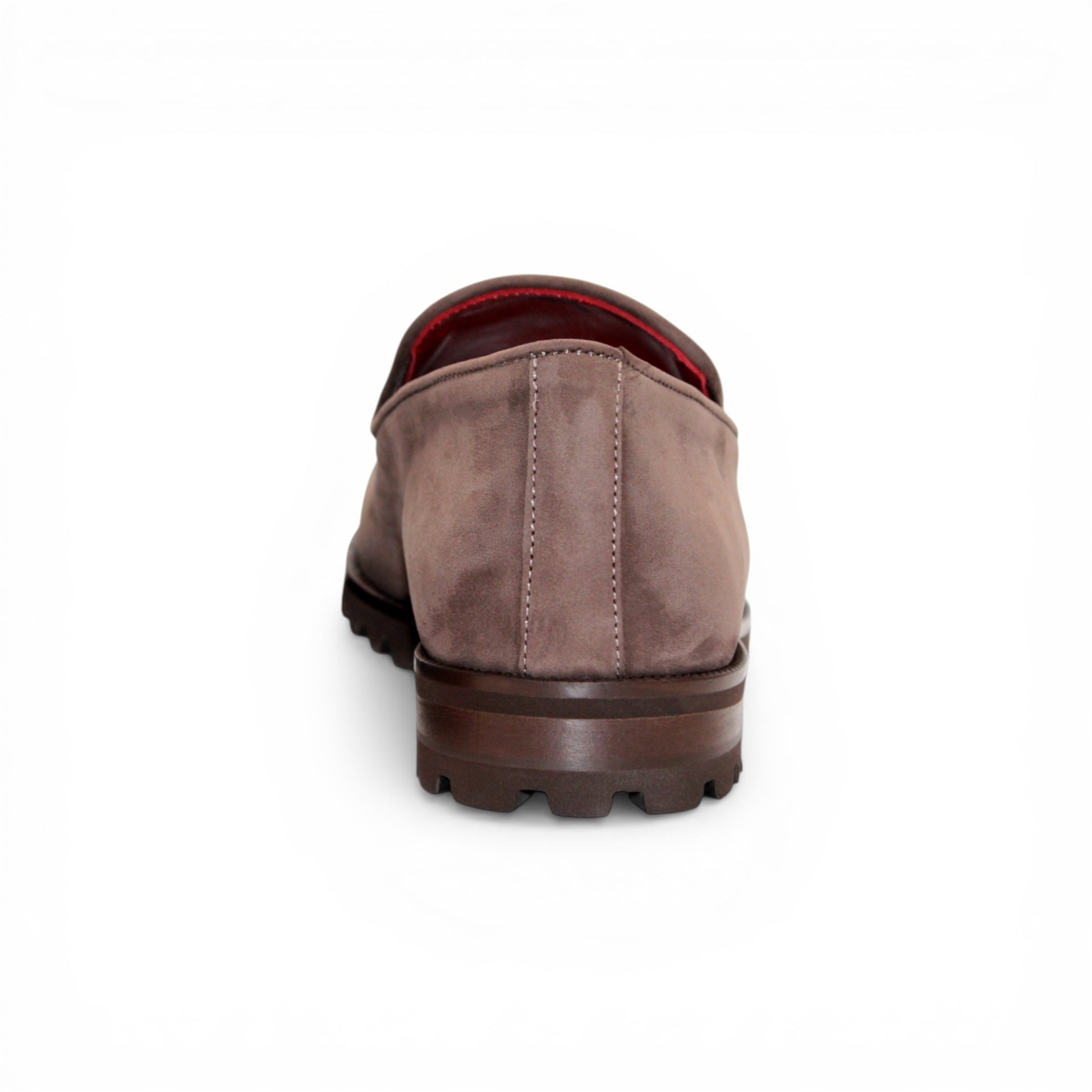 Emilio Franco EF363 Brown loafer, crafted from Italian Genuine Nabuk suede, showcases a sophisticated metal bit detail, red interior lining, moccasin-style stitching, and a textured rubber sole—an elegant men’s dress shoe by Emilio Franco, displayed from the side on a white background.