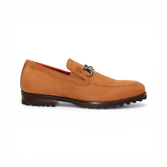 The Emilio Franco EF363 Cuoio loafer features genuine Nabuk tan leather with a metal bit detail on the upper and a dark brown rubber sole, displayed in a left side profile against a white background. Expertly crafted by Emilio Franco in the tradition of Italian shoemaking.