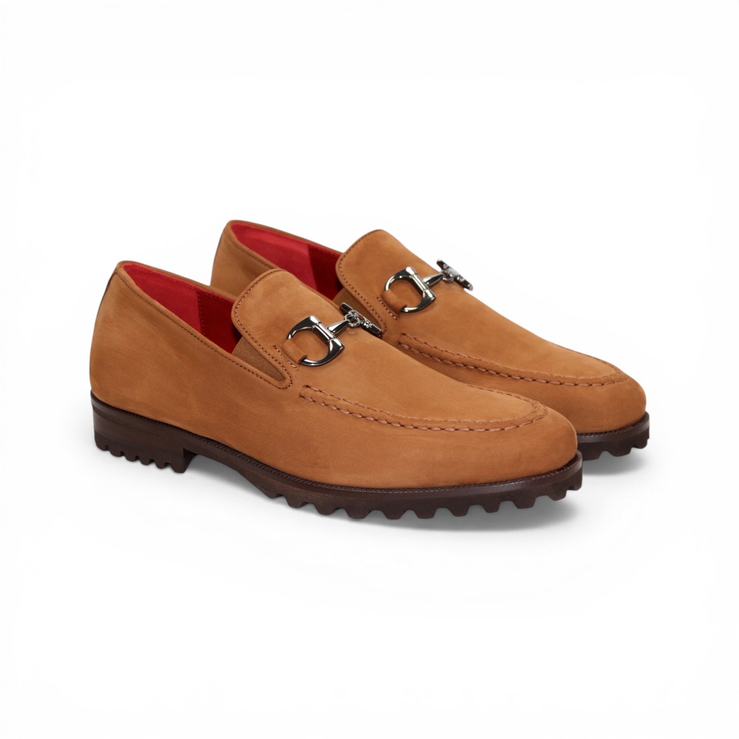 The Emilio Franco EF363 Cuoio loafer features genuine Nabuk tan leather with a metal bit detail on the upper and a dark brown rubber sole, displayed in a left side profile against a white background. Expertly crafted by Emilio Franco in the tradition of Italian shoemaking.