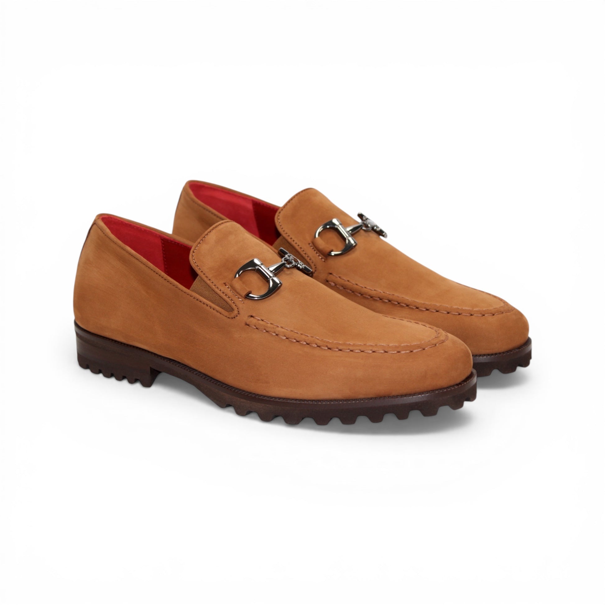 The Emilio Franco EF363 Cuoio loafer features genuine Nabuk tan leather with a metal bit detail on the upper and a dark brown rubber sole, displayed in a left side profile against a white background. Expertly crafted by Emilio Franco in the tradition of Italian shoemaking.