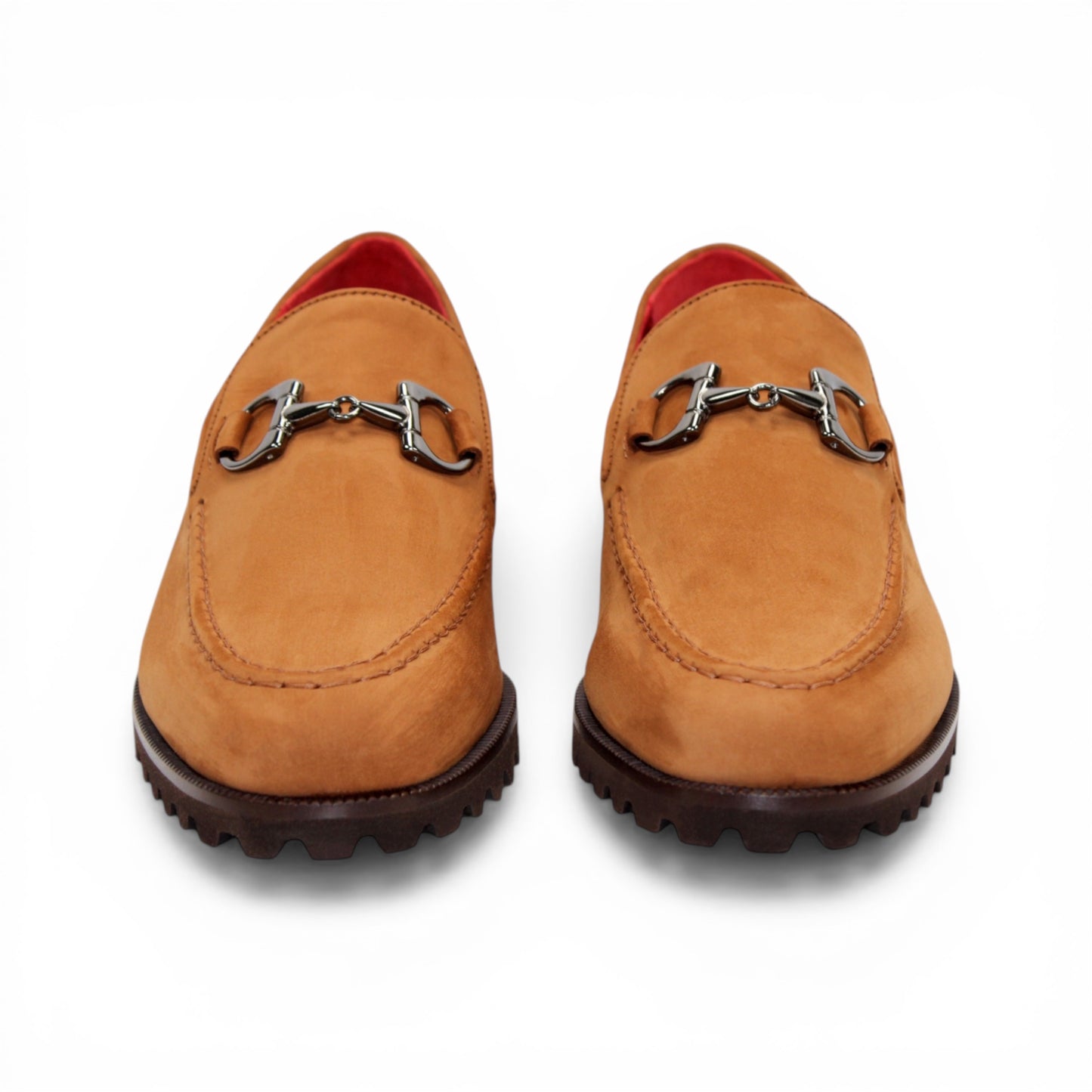 The Emilio Franco EF363 Cuoio loafer features genuine Nabuk tan leather with a metal bit detail on the upper and a dark brown rubber sole, displayed in a left side profile against a white background. Expertly crafted by Emilio Franco in the tradition of Italian shoemaking.
