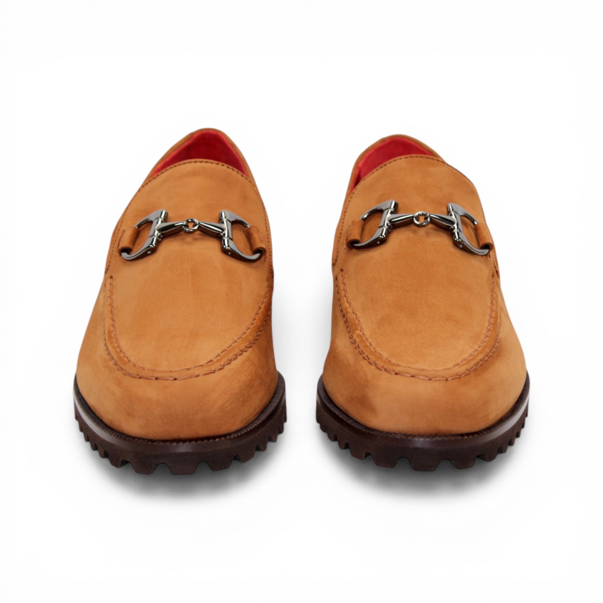 The Emilio Franco EF363 Cuoio loafer features genuine Nabuk tan leather with a metal bit detail on the upper and a dark brown rubber sole, displayed in a left side profile against a white background. Expertly crafted by Emilio Franco in the tradition of Italian shoemaking.