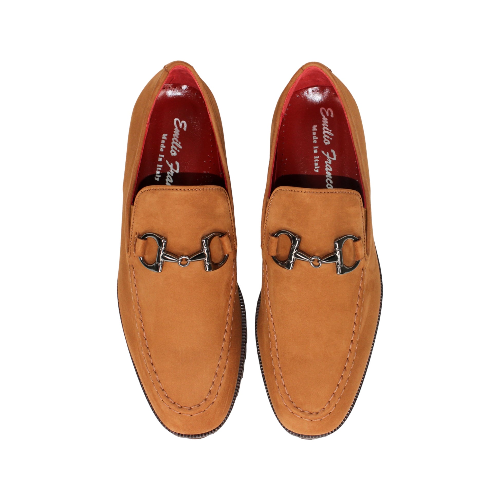 The Emilio Franco EF363 Cuoio loafer features genuine Nabuk tan leather with a metal bit detail on the upper and a dark brown rubber sole, displayed in a left side profile against a white background. Expertly crafted by Emilio Franco in the tradition of Italian shoemaking.