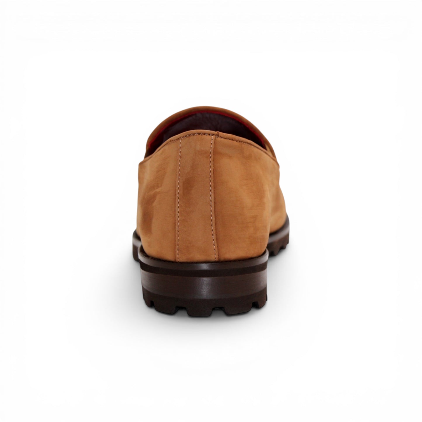 The Emilio Franco EF363 Cuoio loafer features genuine Nabuk tan leather with a metal bit detail on the upper and a dark brown rubber sole, displayed in a left side profile against a white background. Expertly crafted by Emilio Franco in the tradition of Italian shoemaking.