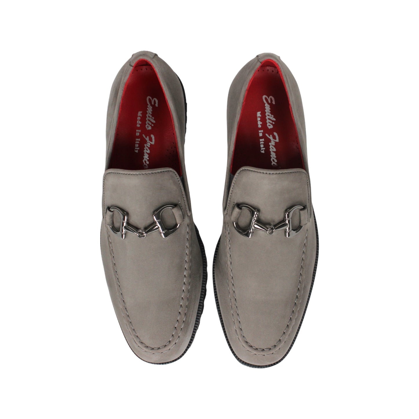 The Emilio Franco EF363 Gray loafer is expertly crafted from Genuine Nabuk in a sophisticated gray hue. It features a black rubber sole, silver buckle accent, and striking red interior lining. Displayed in a side profile against a white background, this classic Italian shoe by Emilio Franco embodies refined elegance.