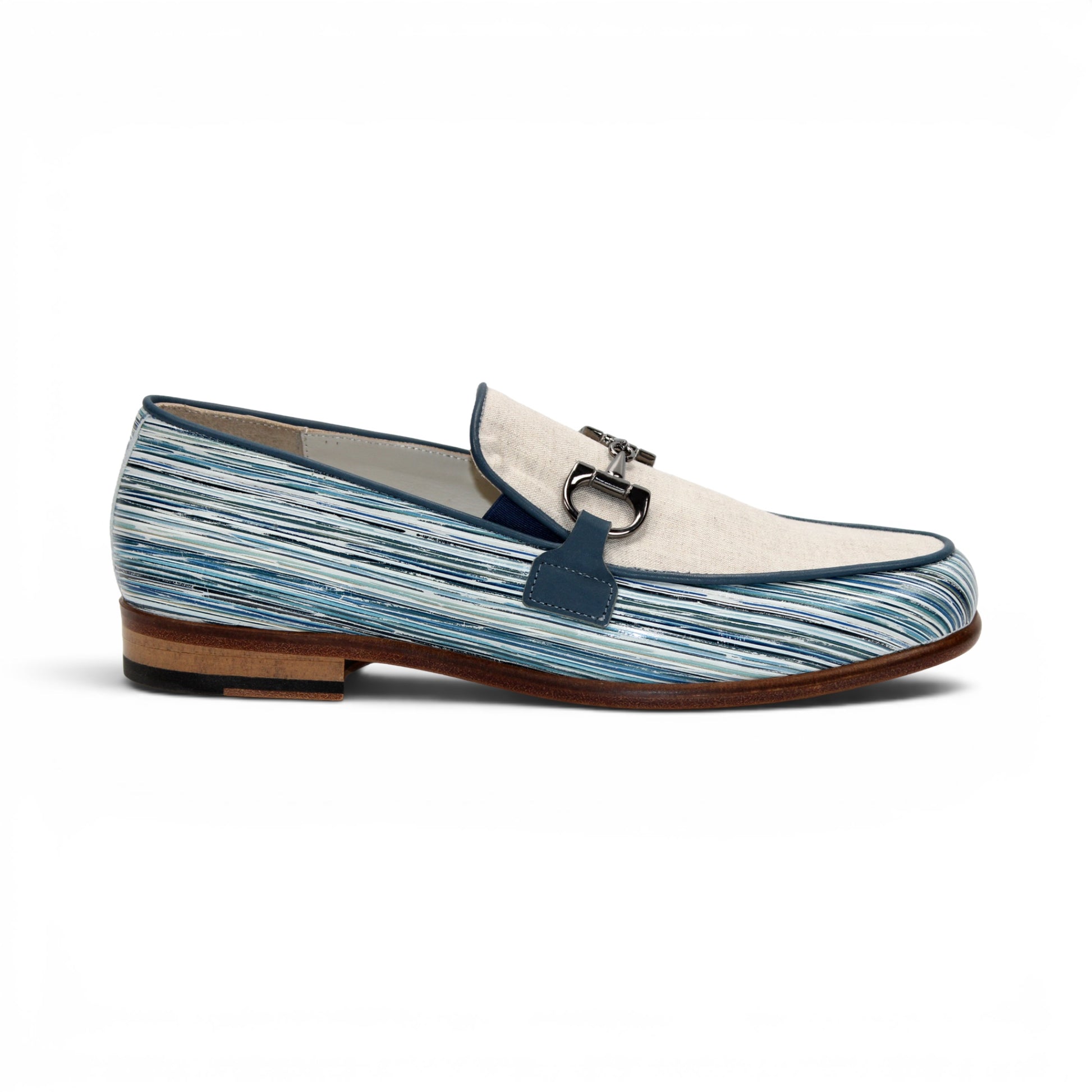 Introducing the Emilio Franco EF439 Blue by Emilio Franco—a luxury men's loafer crafted in Italy. This elegant shoe features a distinctive blue and white patterned calf print leather, complemented by a beige upper section, metal buckle detail, and a brown sole. The footwear is presented in side profile against a white background.
