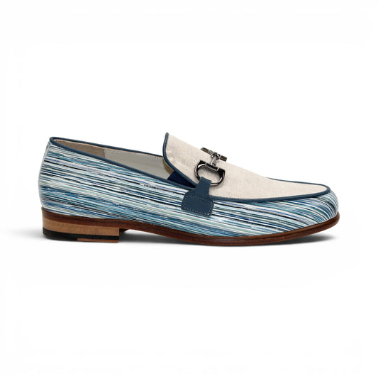 Introducing the Emilio Franco EF439 Blue by Emilio Franco—a luxury men's loafer crafted in Italy. This elegant shoe features a distinctive blue and white patterned calf print leather, complemented by a beige upper section, metal buckle detail, and a brown sole. The footwear is presented in side profile against a white background.