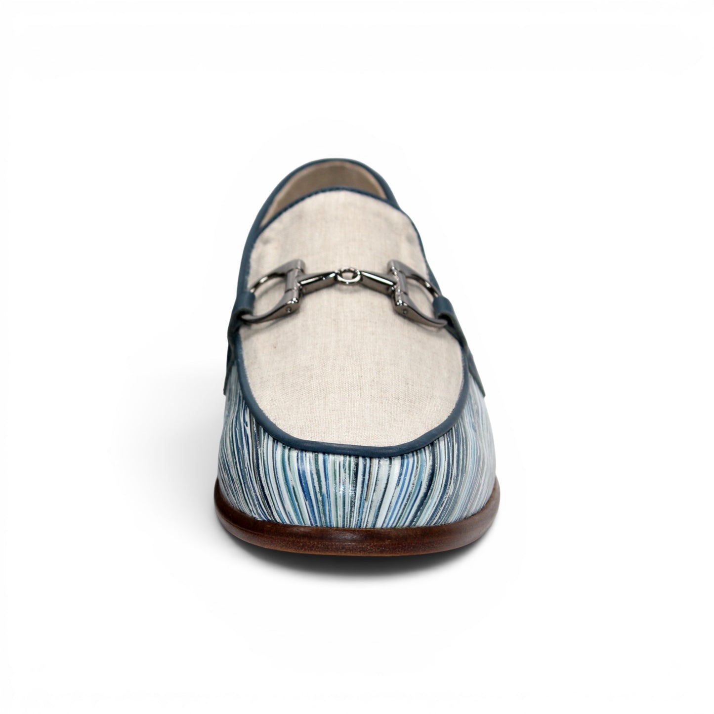 Introducing the Emilio Franco EF439 Blue by Emilio Franco—a luxury men's loafer crafted in Italy. This elegant shoe features a distinctive blue and white patterned calf print leather, complemented by a beige upper section, metal buckle detail, and a brown sole. The footwear is presented in side profile against a white background.