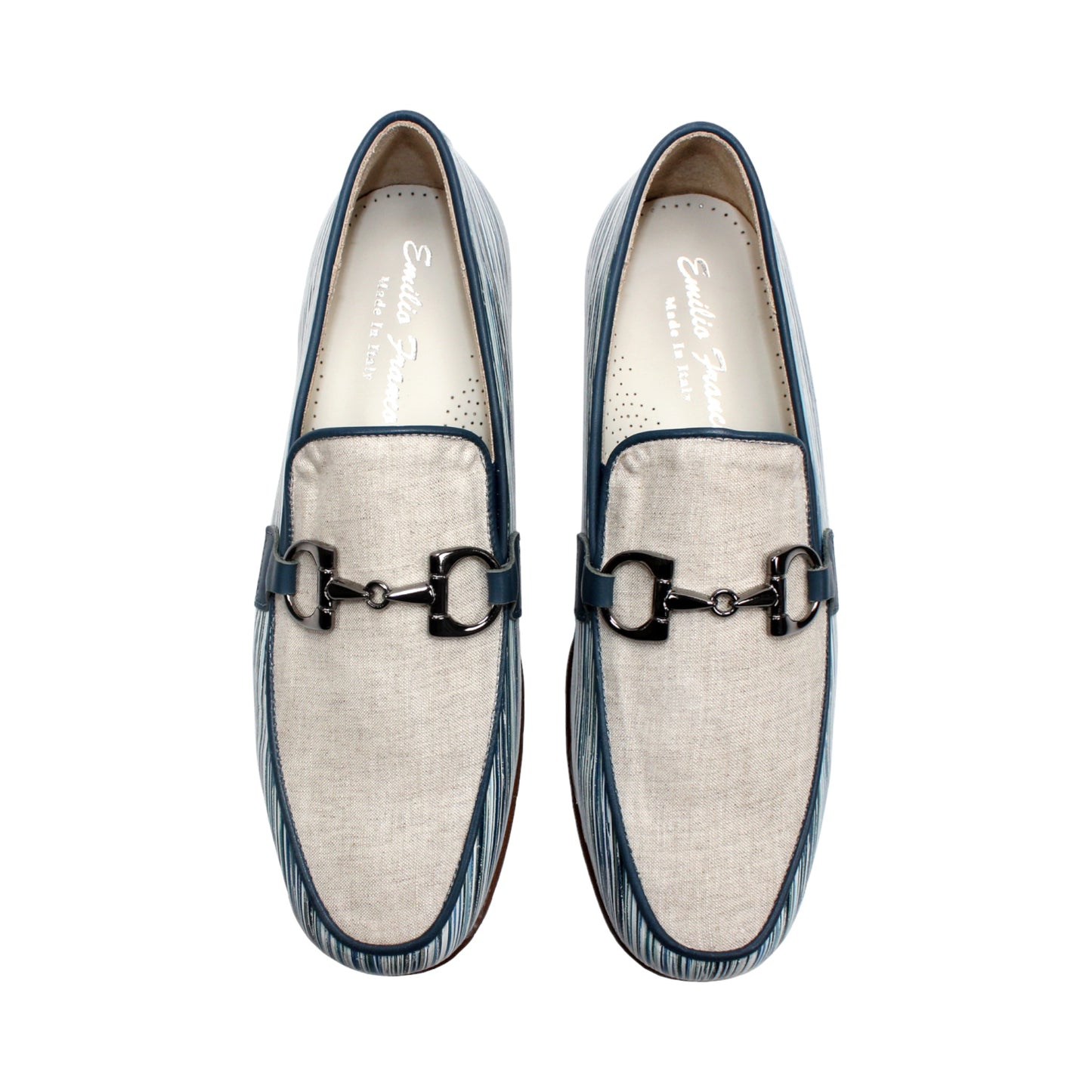 Introducing the Emilio Franco EF439 Blue by Emilio Franco—a luxury men's loafer crafted in Italy. This elegant shoe features a distinctive blue and white patterned calf print leather, complemented by a beige upper section, metal buckle detail, and a brown sole. The footwear is presented in side profile against a white background.