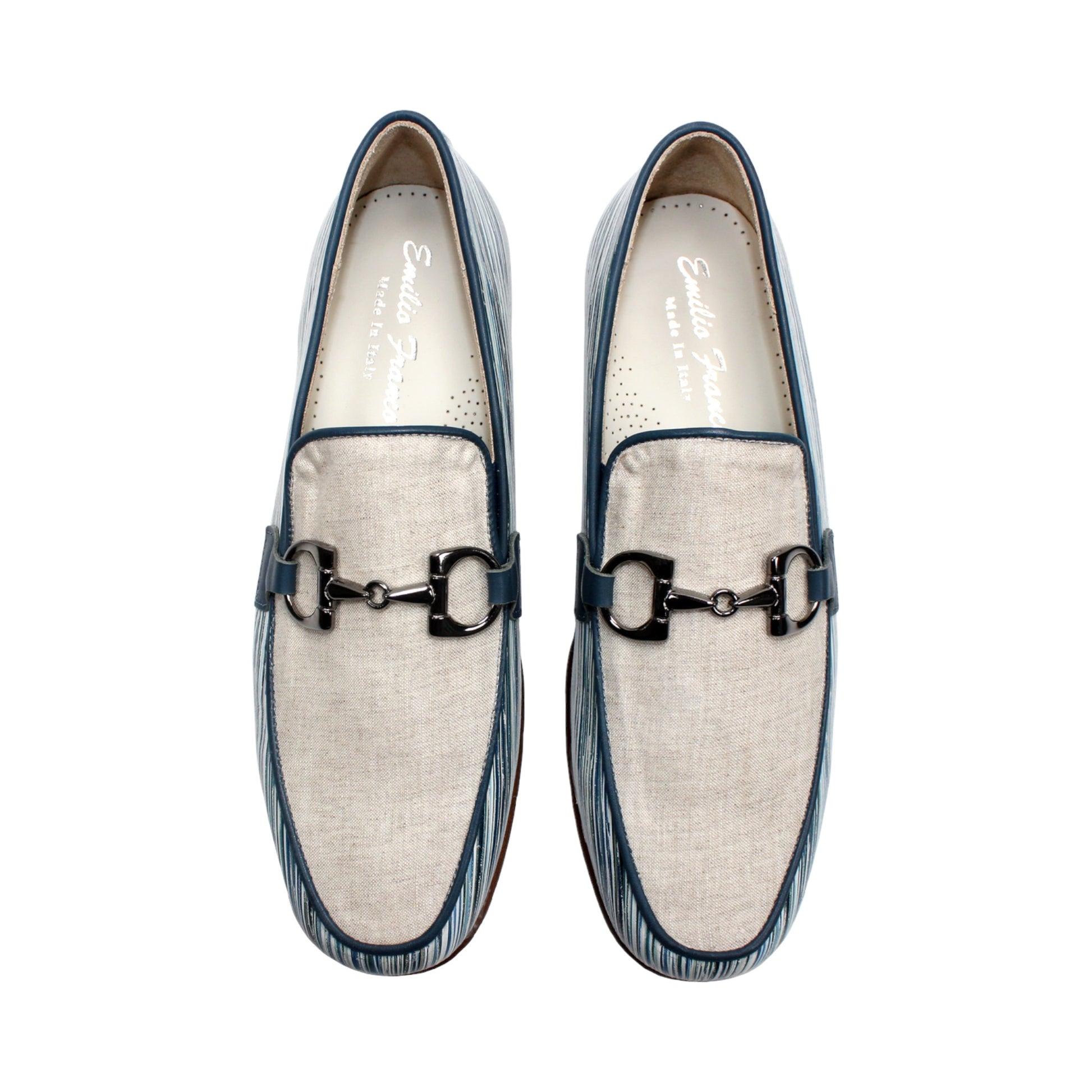 Introducing the Emilio Franco EF439 Blue by Emilio Franco—a luxury men's loafer crafted in Italy. This elegant shoe features a distinctive blue and white patterned calf print leather, complemented by a beige upper section, metal buckle detail, and a brown sole. The footwear is presented in side profile against a white background.