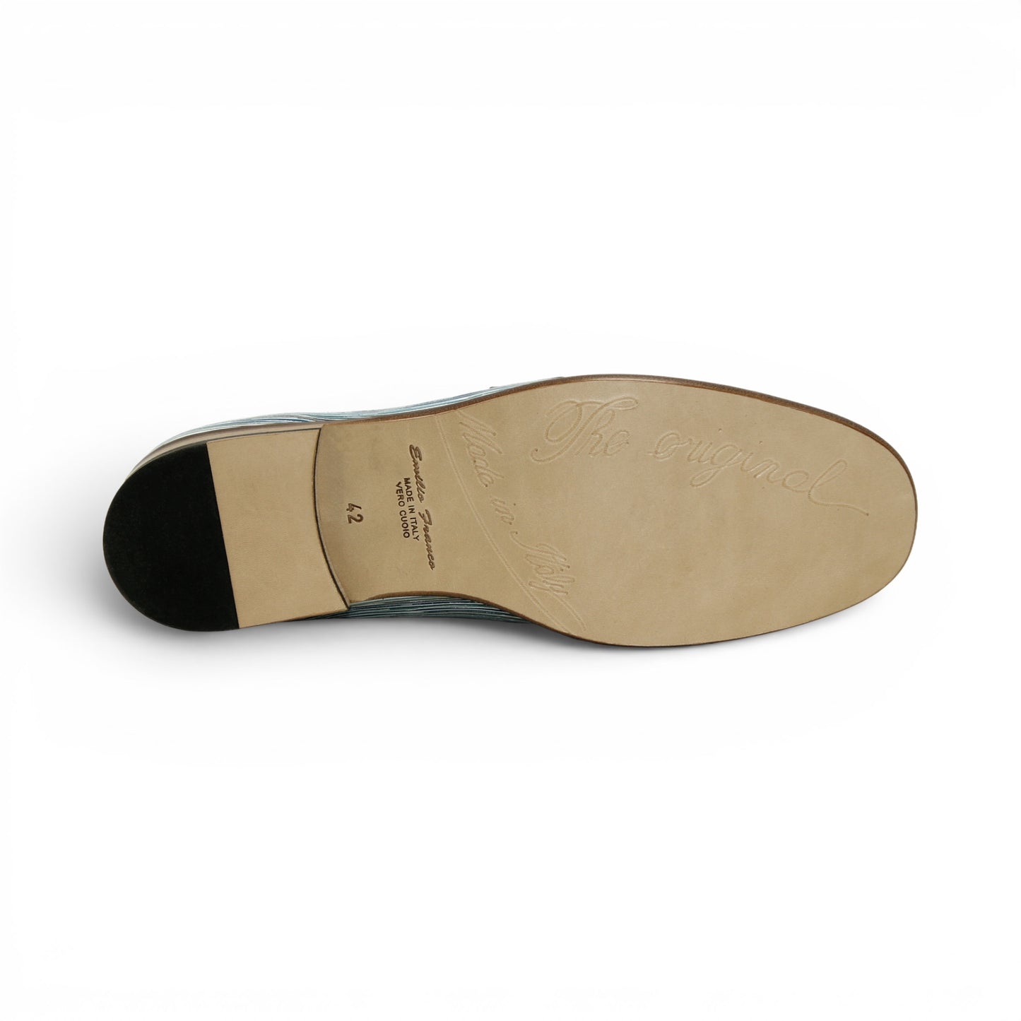 Introducing the Emilio Franco EF439 Blue by Emilio Franco—a luxury men's loafer crafted in Italy. This elegant shoe features a distinctive blue and white patterned calf print leather, complemented by a beige upper section, metal buckle detail, and a brown sole. The footwear is presented in side profile against a white background.