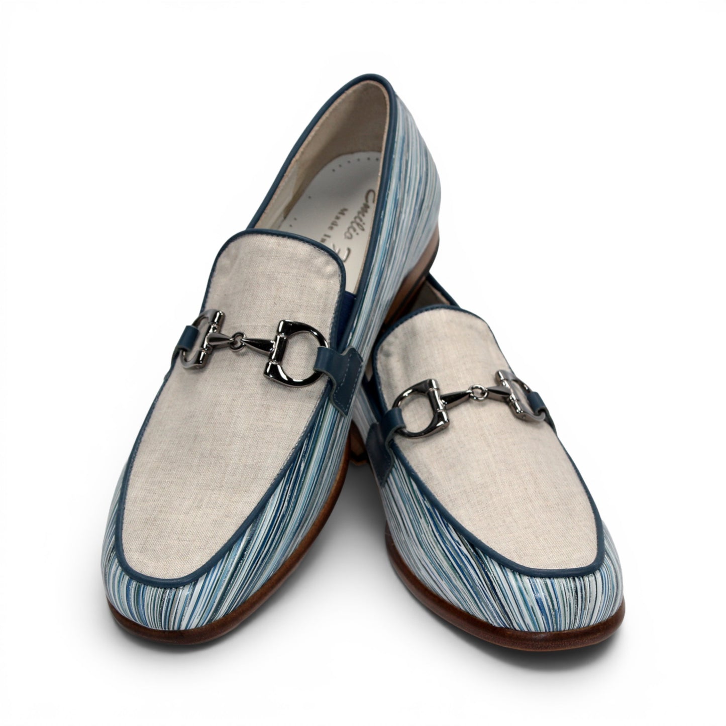 Introducing the Emilio Franco EF439 Blue by Emilio Franco—a luxury men's loafer crafted in Italy. This elegant shoe features a distinctive blue and white patterned calf print leather, complemented by a beige upper section, metal buckle detail, and a brown sole. The footwear is presented in side profile against a white background.