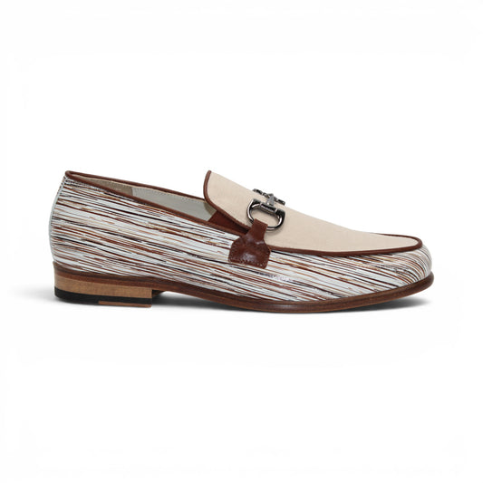 The Emilio Franco EF439 Brown men's loafer by Emilio Franco is crafted in calf print leather with a cream upper, brown trim, silver buckle, and multicolored striped detailing on the sides. This Italian-made shoe features a classic leather sole and is displayed on a white background.