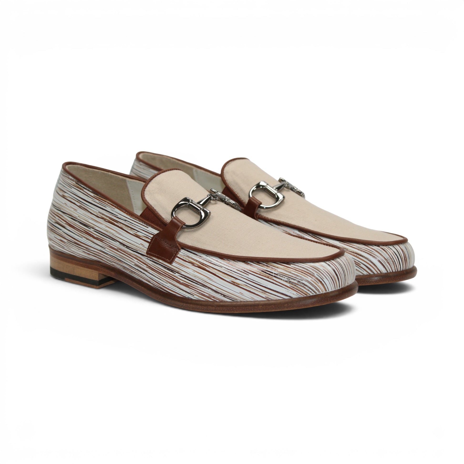 The Emilio Franco EF439 Brown men's loafer by Emilio Franco is crafted in calf print leather with a cream upper, brown trim, silver buckle, and multicolored striped detailing on the sides. This Italian-made shoe features a classic leather sole and is displayed on a white background.