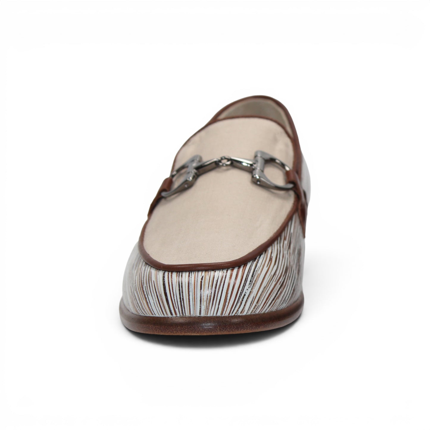 The Emilio Franco EF439 Brown men's loafer by Emilio Franco is crafted in calf print leather with a cream upper, brown trim, silver buckle, and multicolored striped detailing on the sides. This Italian-made shoe features a classic leather sole and is displayed on a white background.