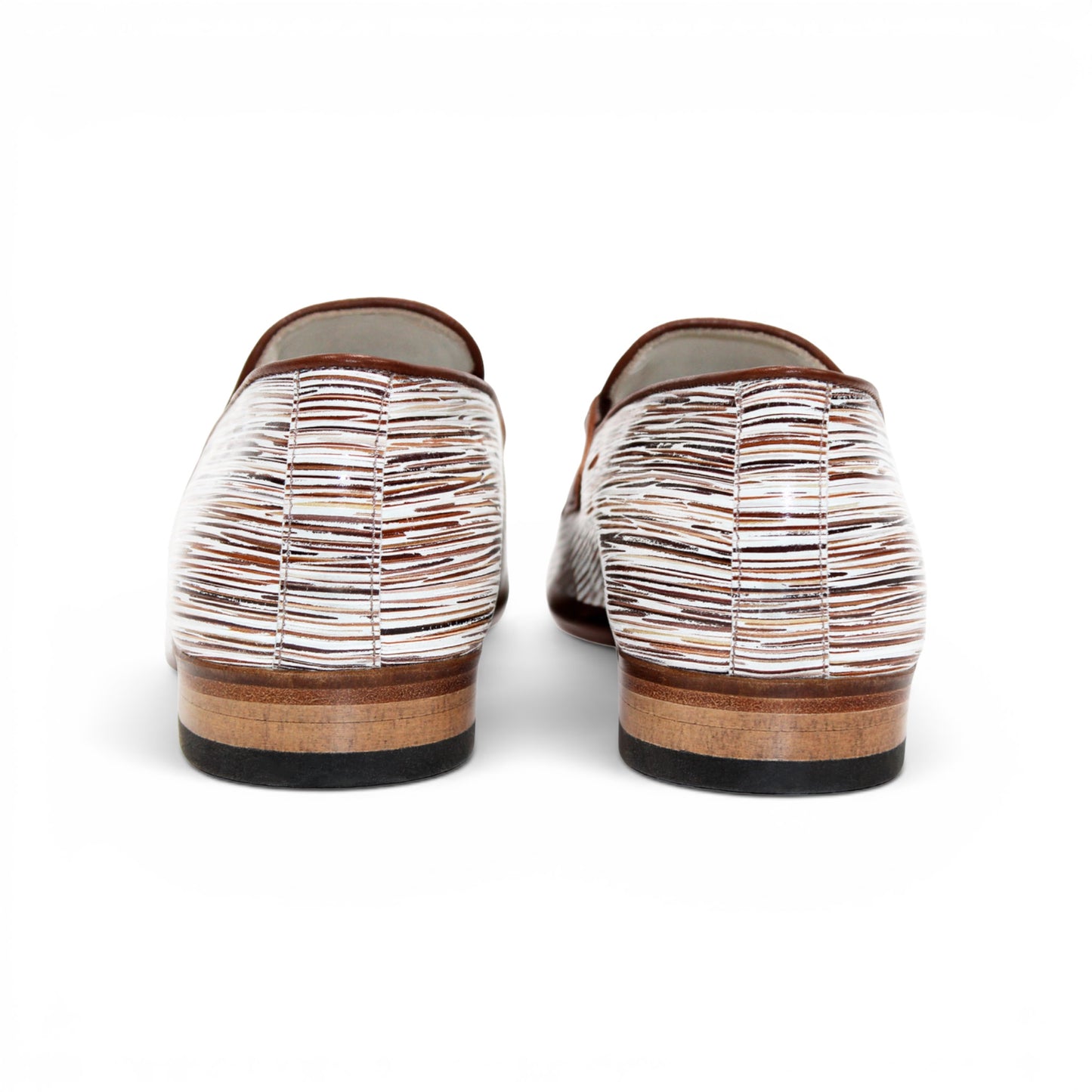 The Emilio Franco EF439 Brown men's loafer by Emilio Franco is crafted in calf print leather with a cream upper, brown trim, silver buckle, and multicolored striped detailing on the sides. This Italian-made shoe features a classic leather sole and is displayed on a white background.