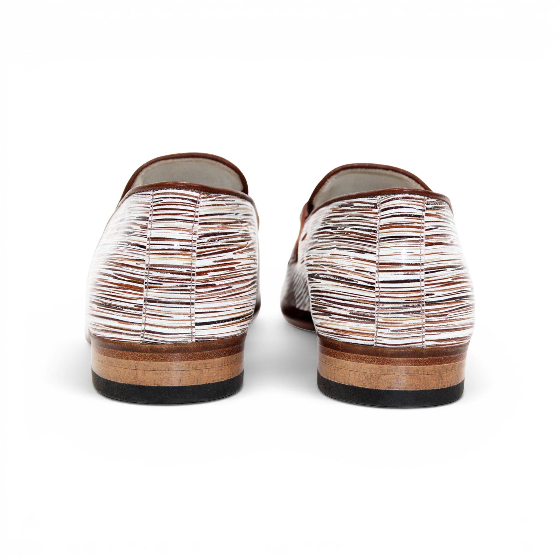 The Emilio Franco EF439 Brown men's loafer by Emilio Franco is crafted in calf print leather with a cream upper, brown trim, silver buckle, and multicolored striped detailing on the sides. This Italian-made shoe features a classic leather sole and is displayed on a white background.