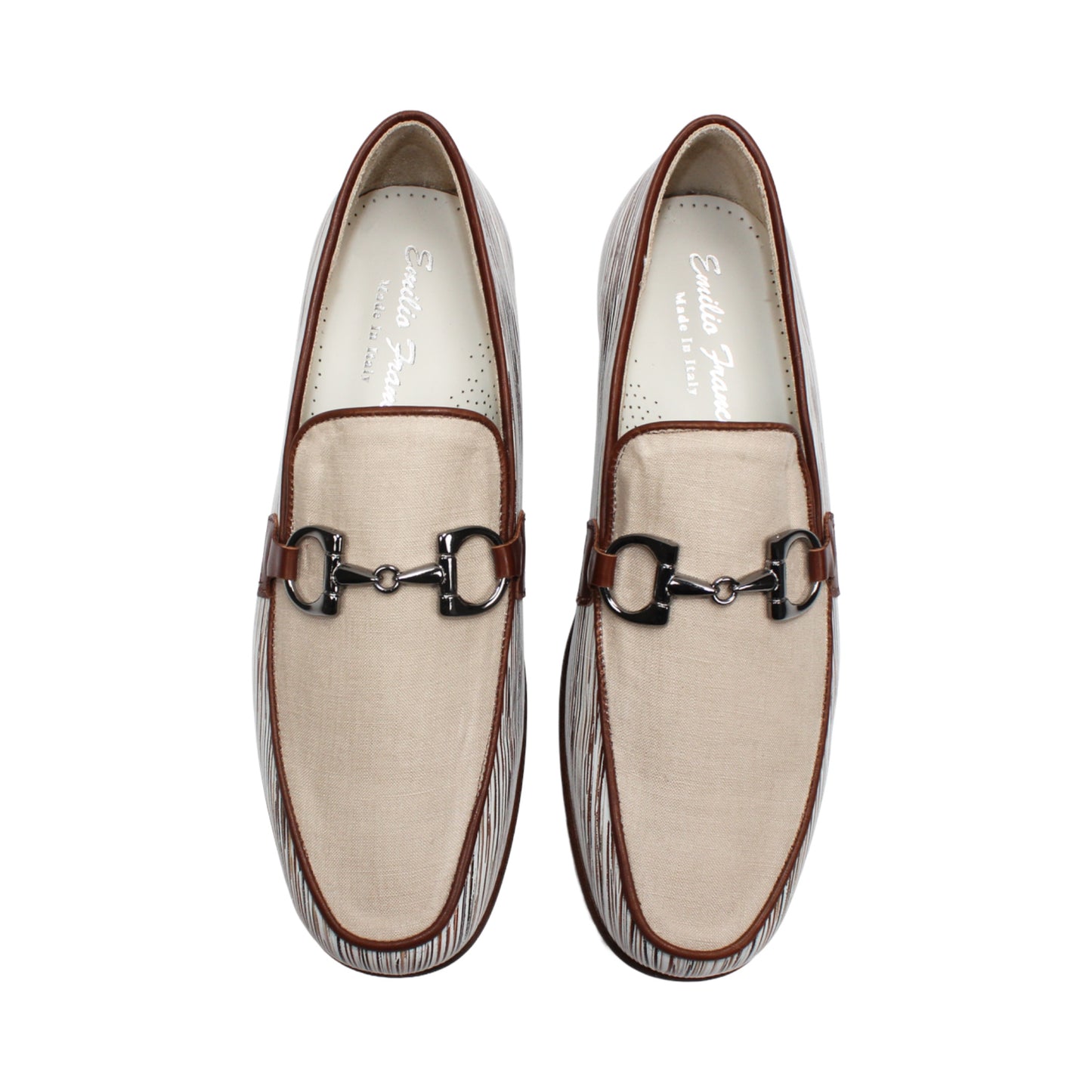 The Emilio Franco EF439 Brown men's loafer by Emilio Franco is crafted in calf print leather with a cream upper, brown trim, silver buckle, and multicolored striped detailing on the sides. This Italian-made shoe features a classic leather sole and is displayed on a white background.