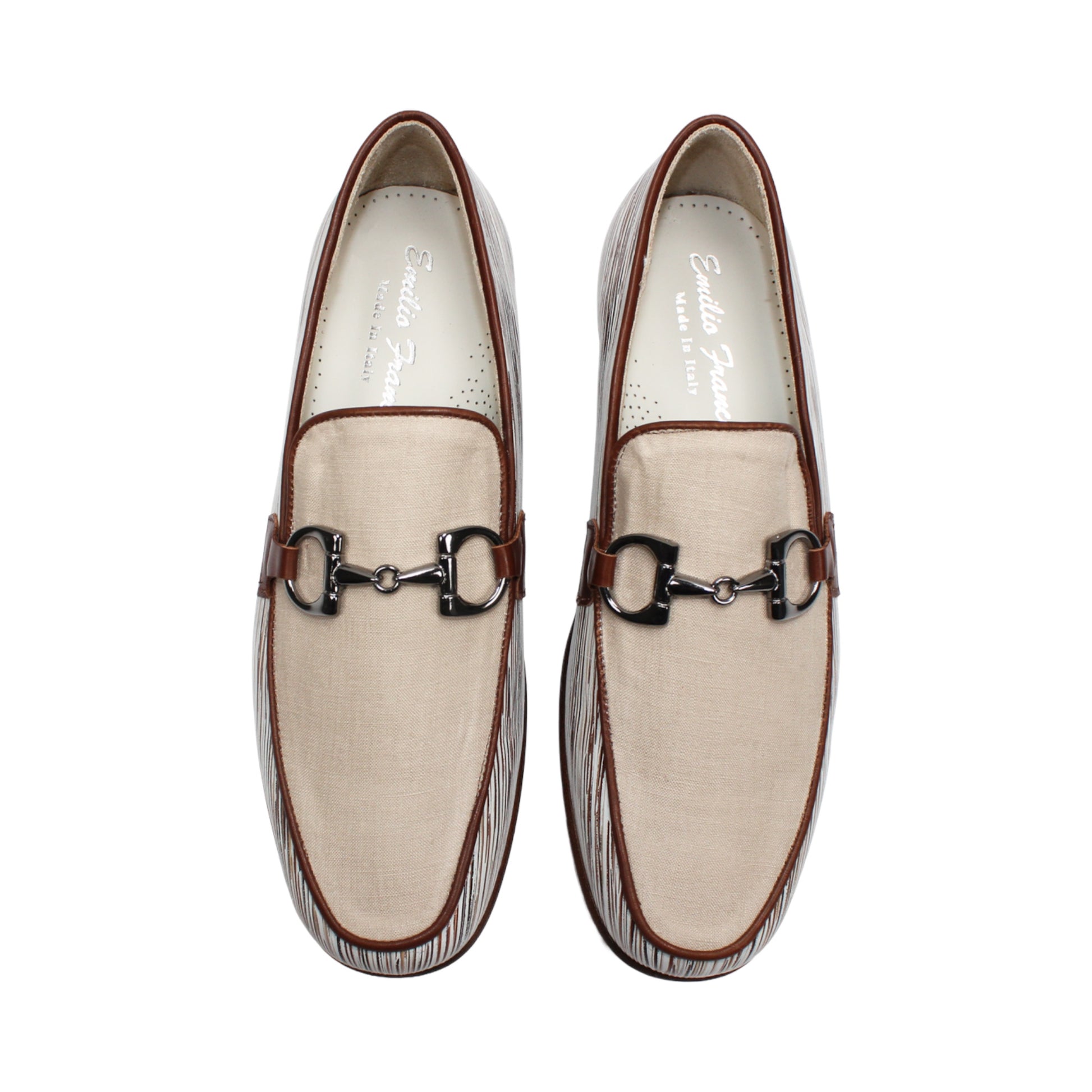 The Emilio Franco EF439 Brown men's loafer by Emilio Franco is crafted in calf print leather with a cream upper, brown trim, silver buckle, and multicolored striped detailing on the sides. This Italian-made shoe features a classic leather sole and is displayed on a white background.