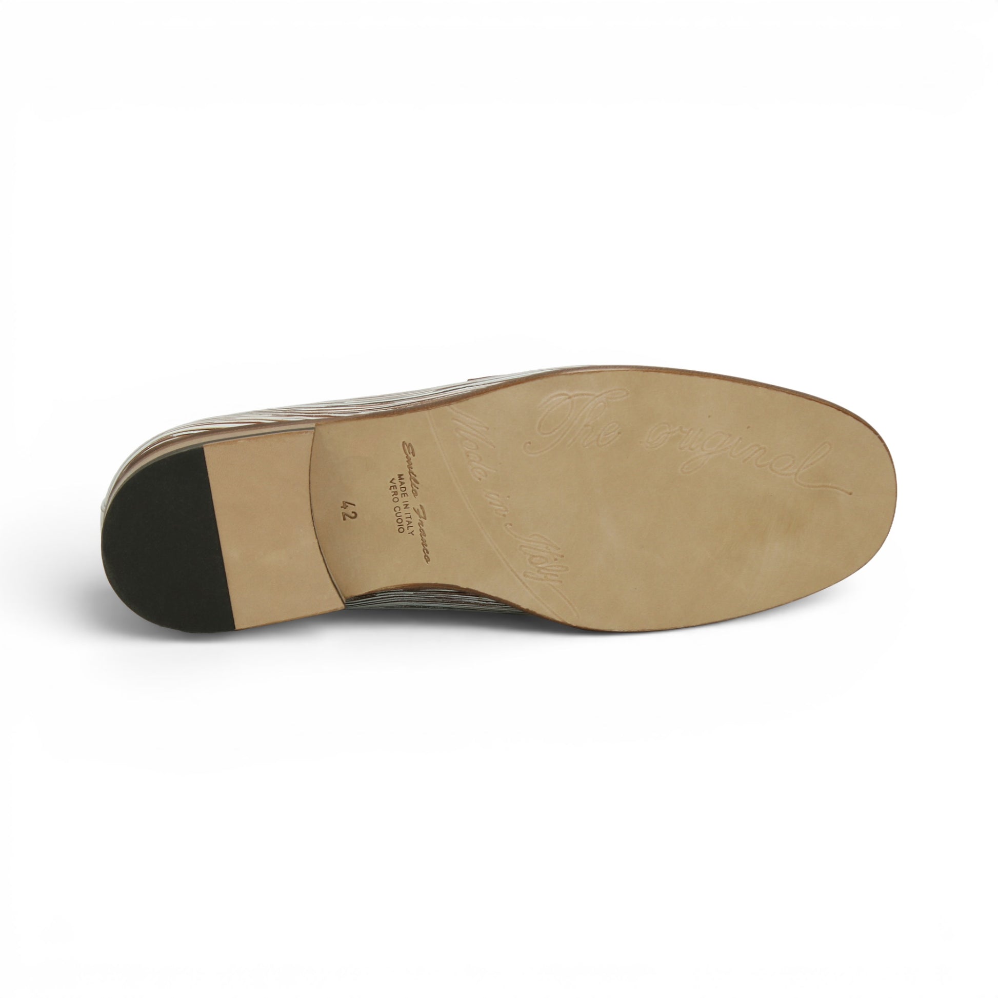 The Emilio Franco EF439 Brown men's loafer by Emilio Franco is crafted in calf print leather with a cream upper, brown trim, silver buckle, and multicolored striped detailing on the sides. This Italian-made shoe features a classic leather sole and is displayed on a white background.