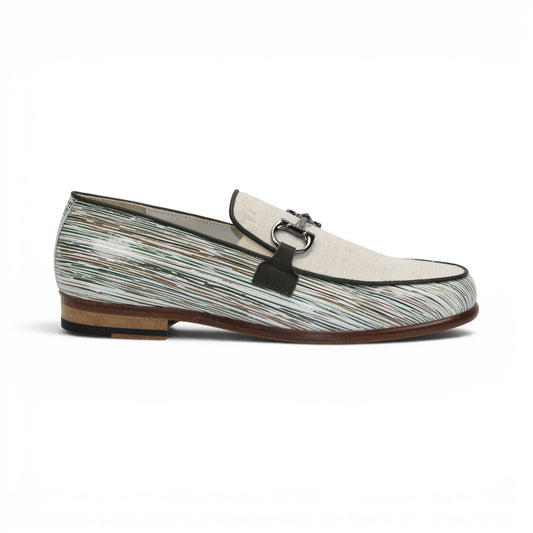 The Emilio Franco EF439 Olive by Emilio Franco is a men’s slip-on loafer in luxury footwear style, featuring a cream calf print leather upper, distinctive white and green striped pattern, silver buckle detail, and a brown sole. The shoe is shown in profile on a white background.