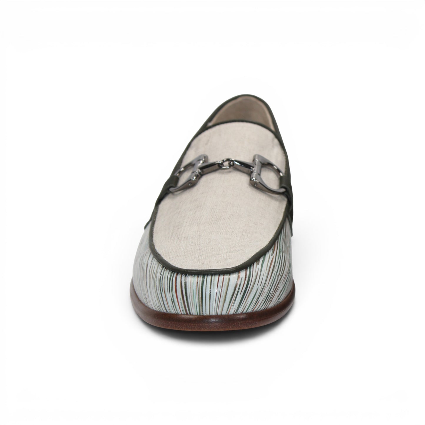 The Emilio Franco EF439 Olive by Emilio Franco is a men’s slip-on loafer in luxury footwear style, featuring a cream calf print leather upper, distinctive white and green striped pattern, silver buckle detail, and a brown sole. The shoe is shown in profile on a white background.
