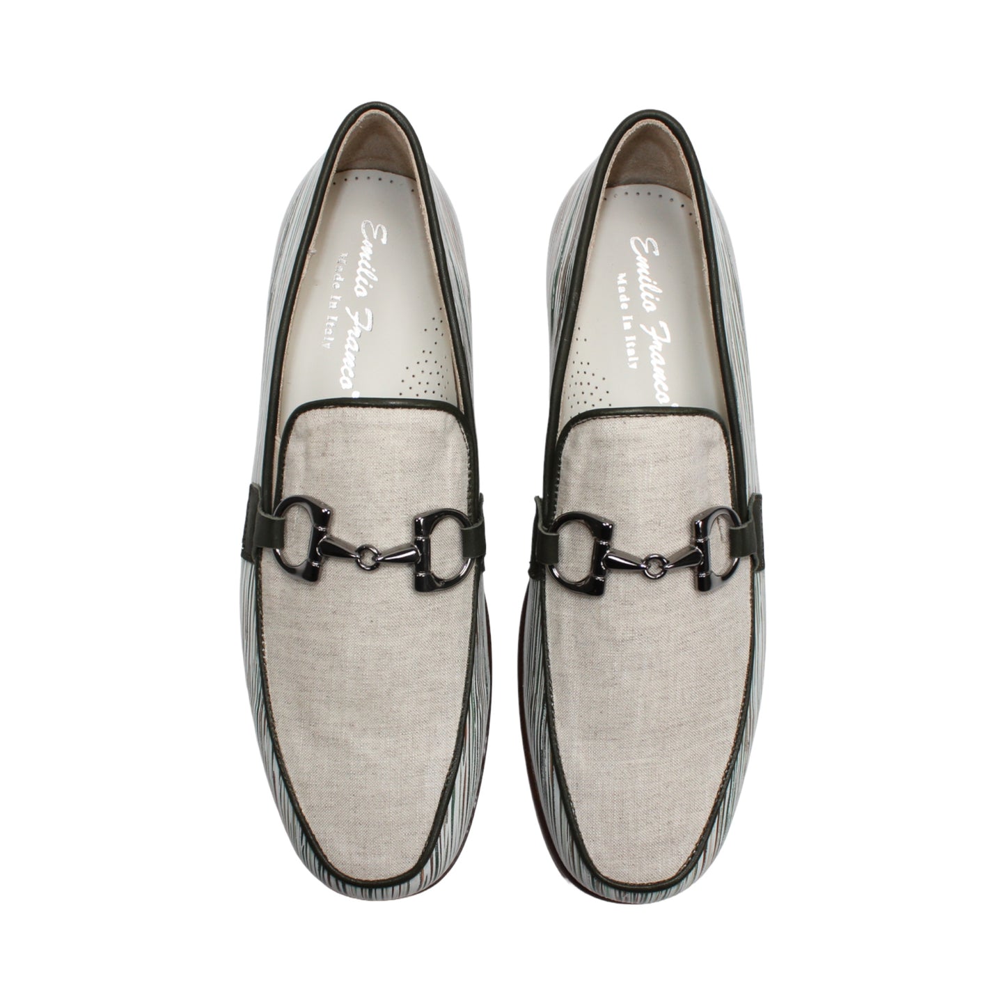 The Emilio Franco EF439 Olive by Emilio Franco is a men’s slip-on loafer in luxury footwear style, featuring a cream calf print leather upper, distinctive white and green striped pattern, silver buckle detail, and a brown sole. The shoe is shown in profile on a white background.