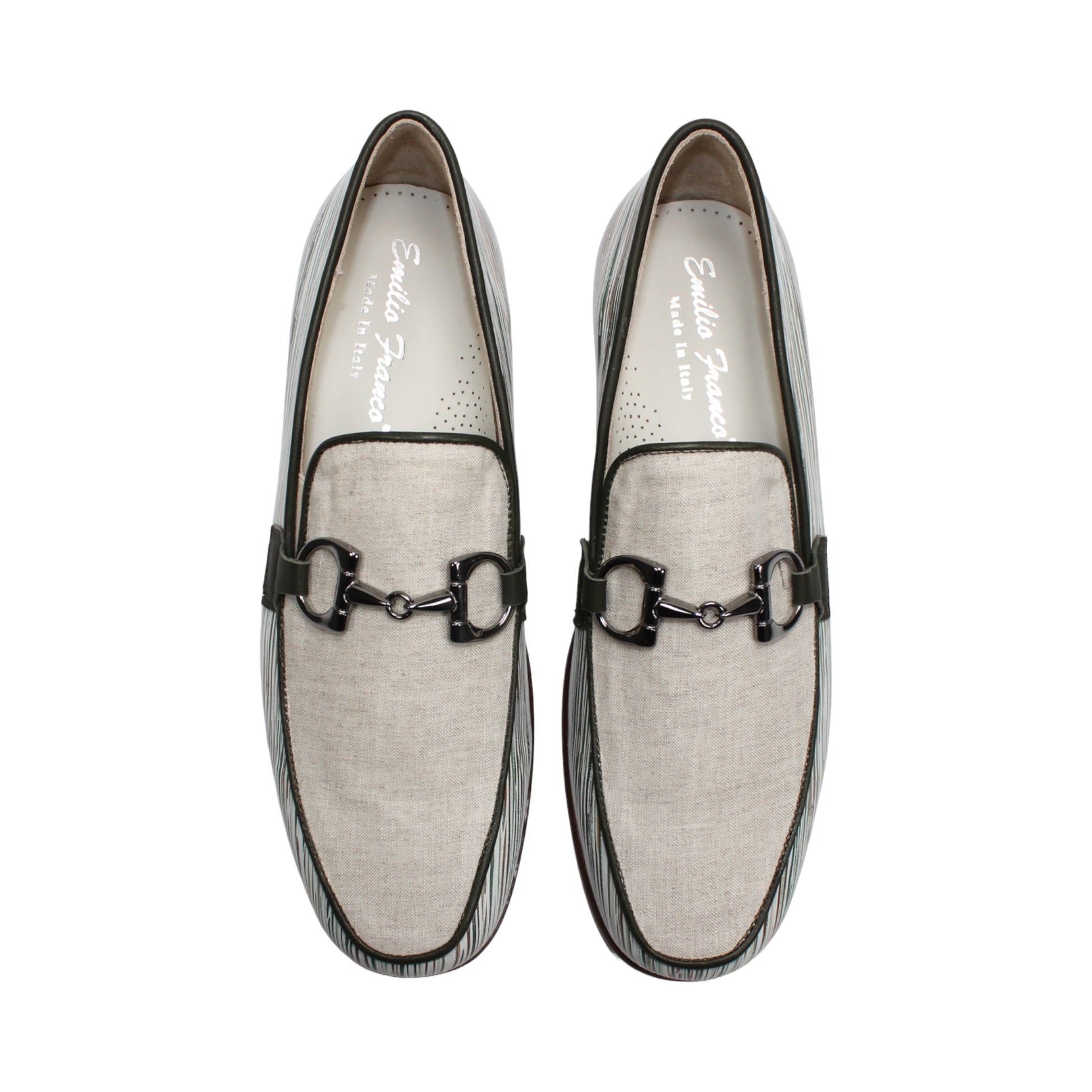 The Emilio Franco EF439 Olive by Emilio Franco is a men’s slip-on loafer in luxury footwear style, featuring a cream calf print leather upper, distinctive white and green striped pattern, silver buckle detail, and a brown sole. The shoe is shown in profile on a white background.