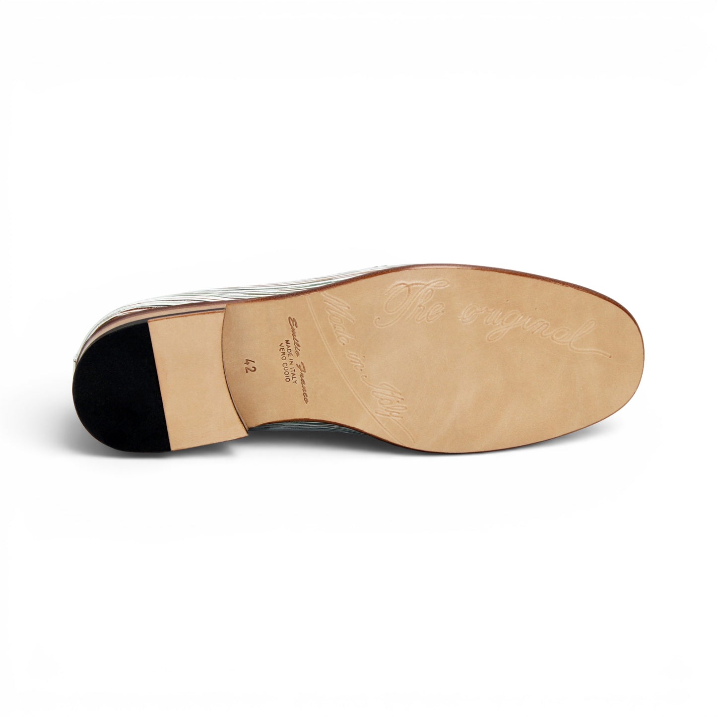 The Emilio Franco EF439 Olive by Emilio Franco is a men’s slip-on loafer in luxury footwear style, featuring a cream calf print leather upper, distinctive white and green striped pattern, silver buckle detail, and a brown sole. The shoe is shown in profile on a white background.