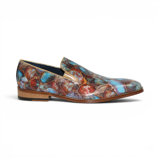 The Emilio Franco EF483 Marble by Emilio Franco is a loafer-style dress shoe showcasing a multicolored, abstract marble calf print in blue, red, and brown tones. It features a low wooden heel, leather sole, and slip-on design—an impressive display of Italian footwear craftsmanship.