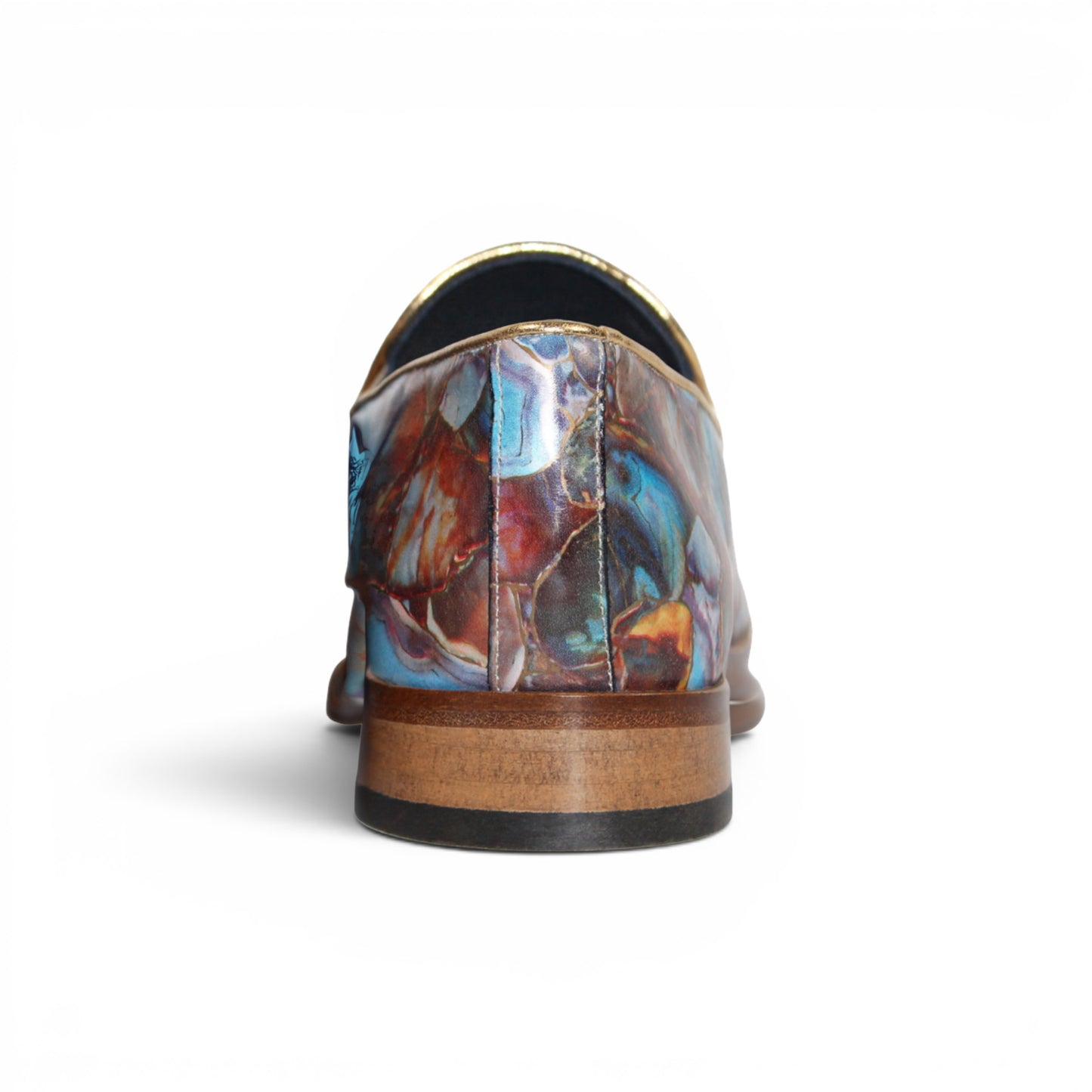 The Emilio Franco EF483 Marble by Emilio Franco is a loafer-style dress shoe showcasing a multicolored, abstract marble calf print in blue, red, and brown tones. It features a low wooden heel, leather sole, and slip-on design—an impressive display of Italian footwear craftsmanship.