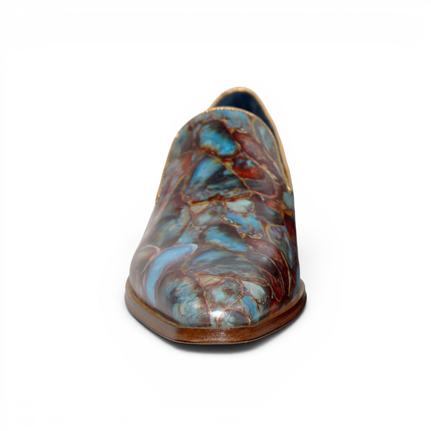 The Emilio Franco EF483 Marble by Emilio Franco is a loafer-style dress shoe showcasing a multicolored, abstract marble calf print in blue, red, and brown tones. It features a low wooden heel, leather sole, and slip-on design—an impressive display of Italian footwear craftsmanship.