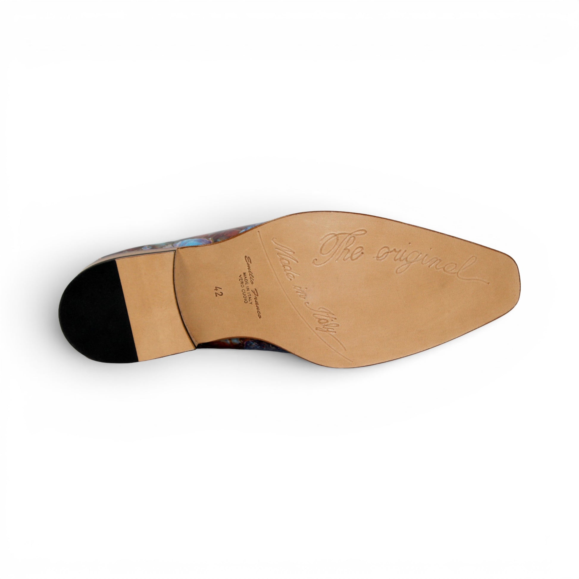 The Emilio Franco EF483 Marble by Emilio Franco is a loafer-style dress shoe showcasing a multicolored, abstract marble calf print in blue, red, and brown tones. It features a low wooden heel, leather sole, and slip-on design—an impressive display of Italian footwear craftsmanship.