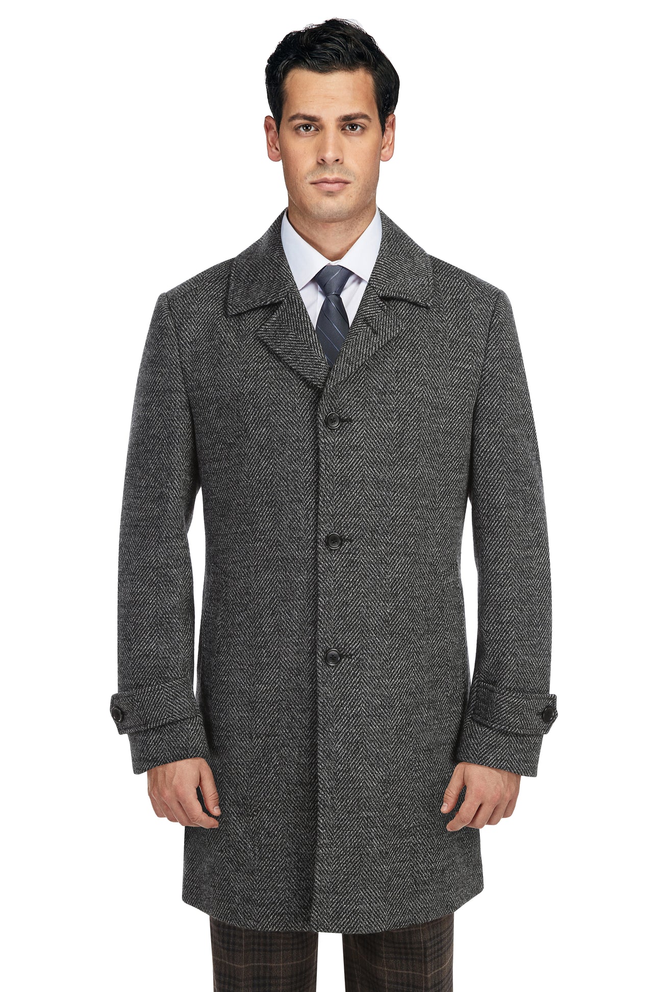 A man stands facing forward against a white background, wearing the ENGLISH LAUNDRY Charcoal Long Coat EL98-05-093 by English Laundry over a white dress shirt and striped tie.