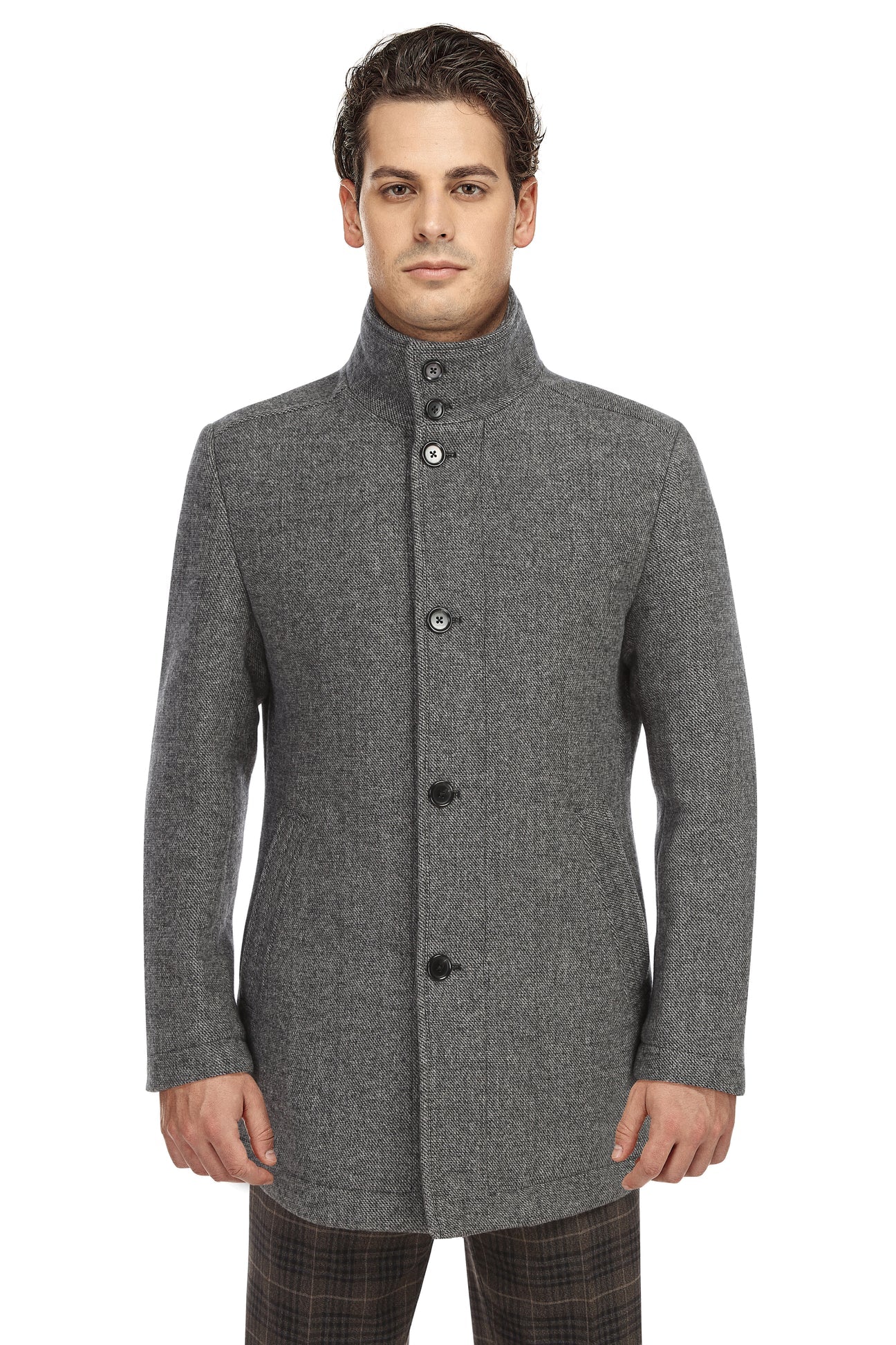 A man faces forward against a white background, wearing the English Laundry ENGLISH LAUNDRY Gray Long Coat EL98-10-092 and patterned brown trousers.