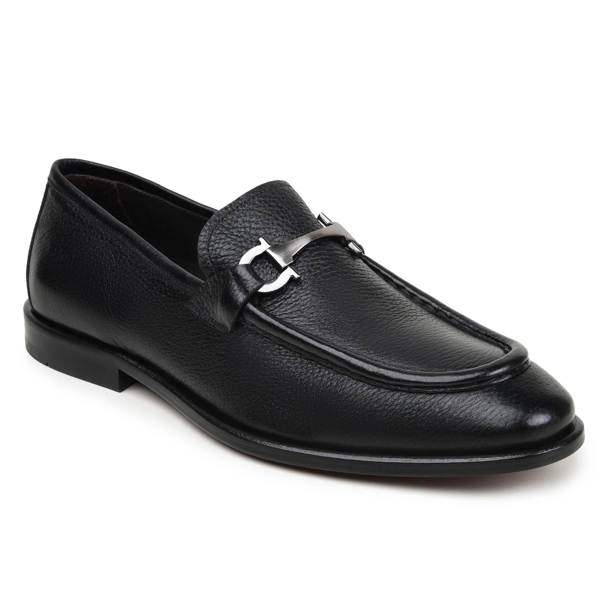 Belvedere - Emilio, genuine Italian deerskin loafers in black leather with silver-tone metal bit hardware.