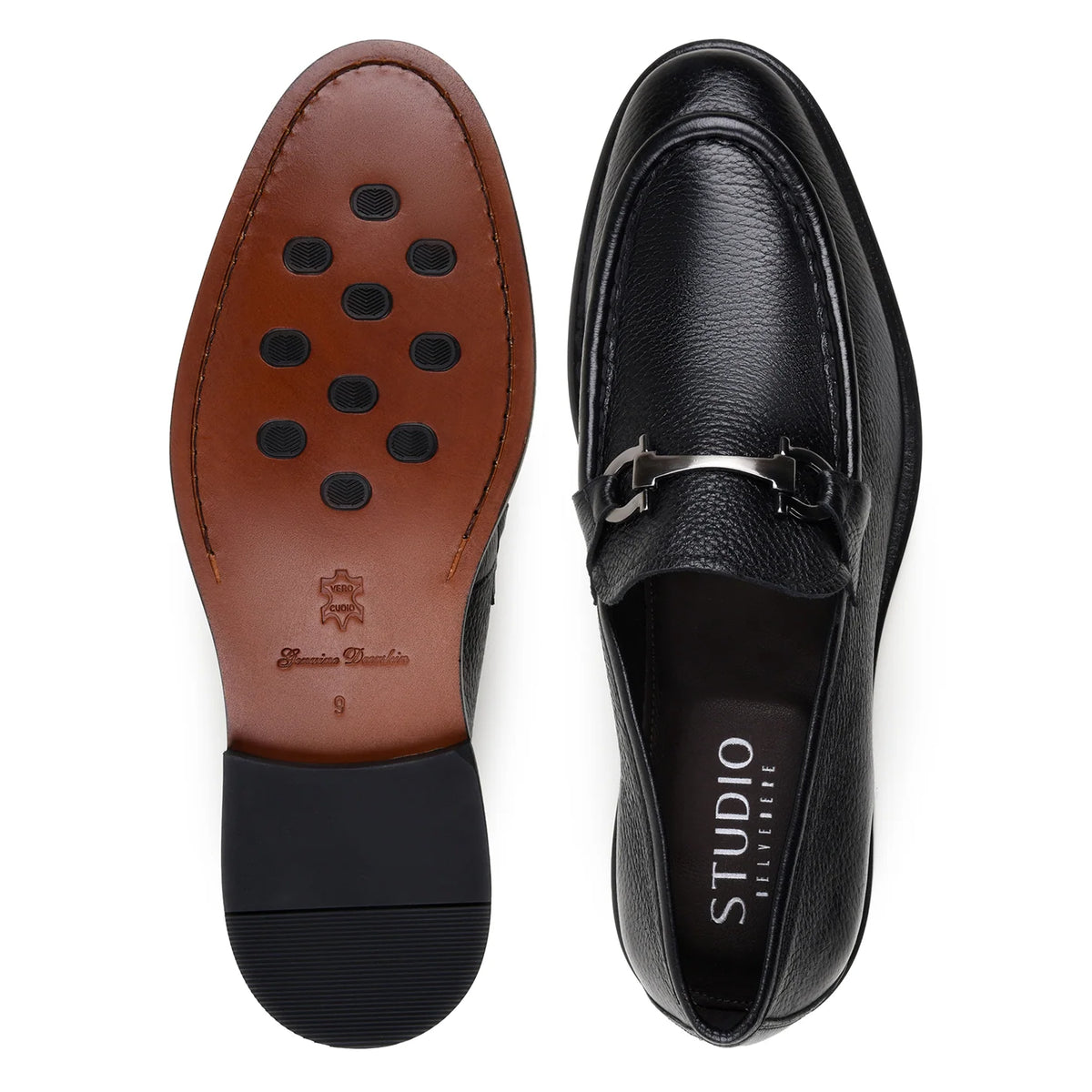 Belvedere - Emilio, genuine Italian deerskin loafers in black leather with silver-tone metal bit hardware.