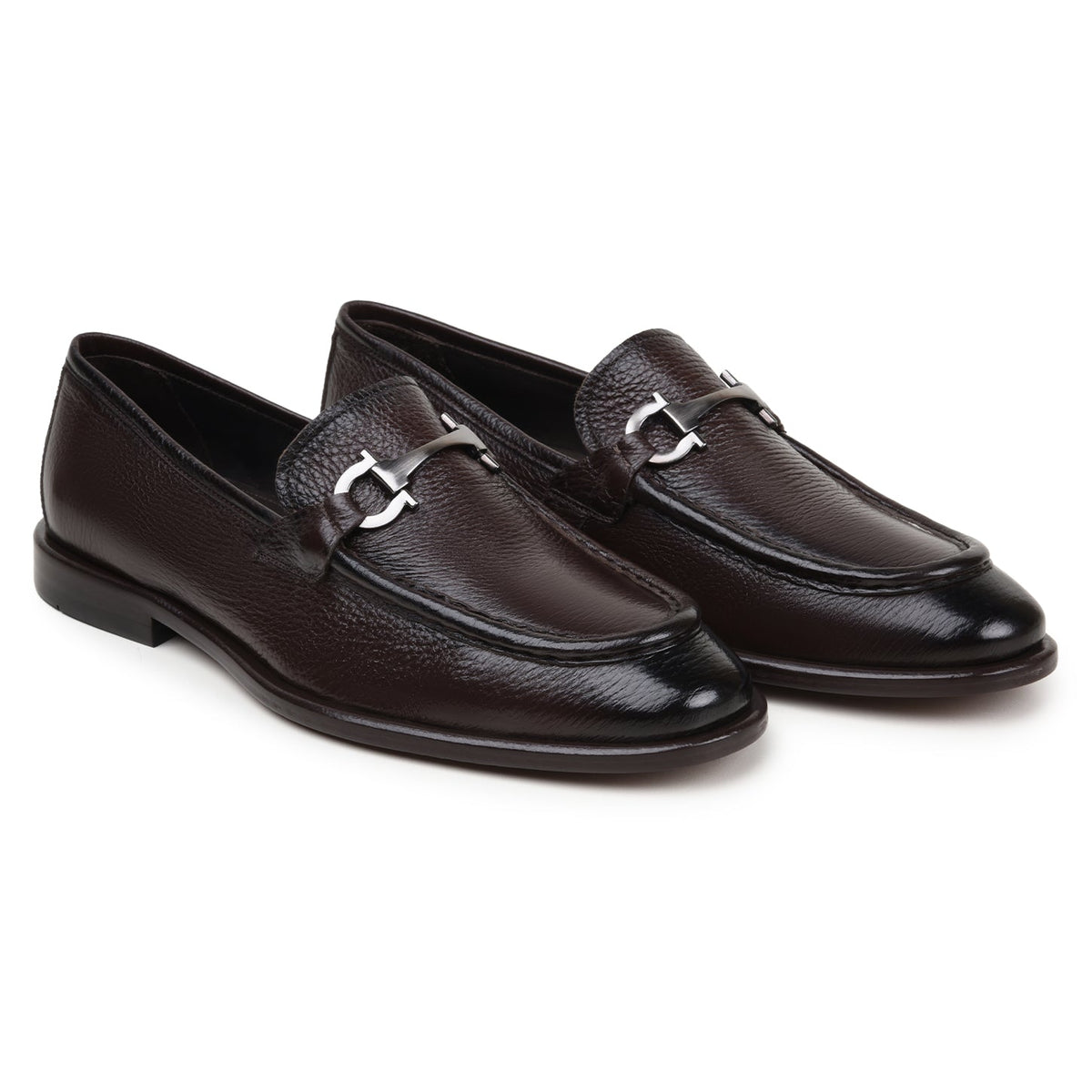 Belvedere - Emilio, Genuine Italian Deerskin Upper Dress Shoe in brown, featuring a textured finish and silver-tone metal ornament on the vamps.