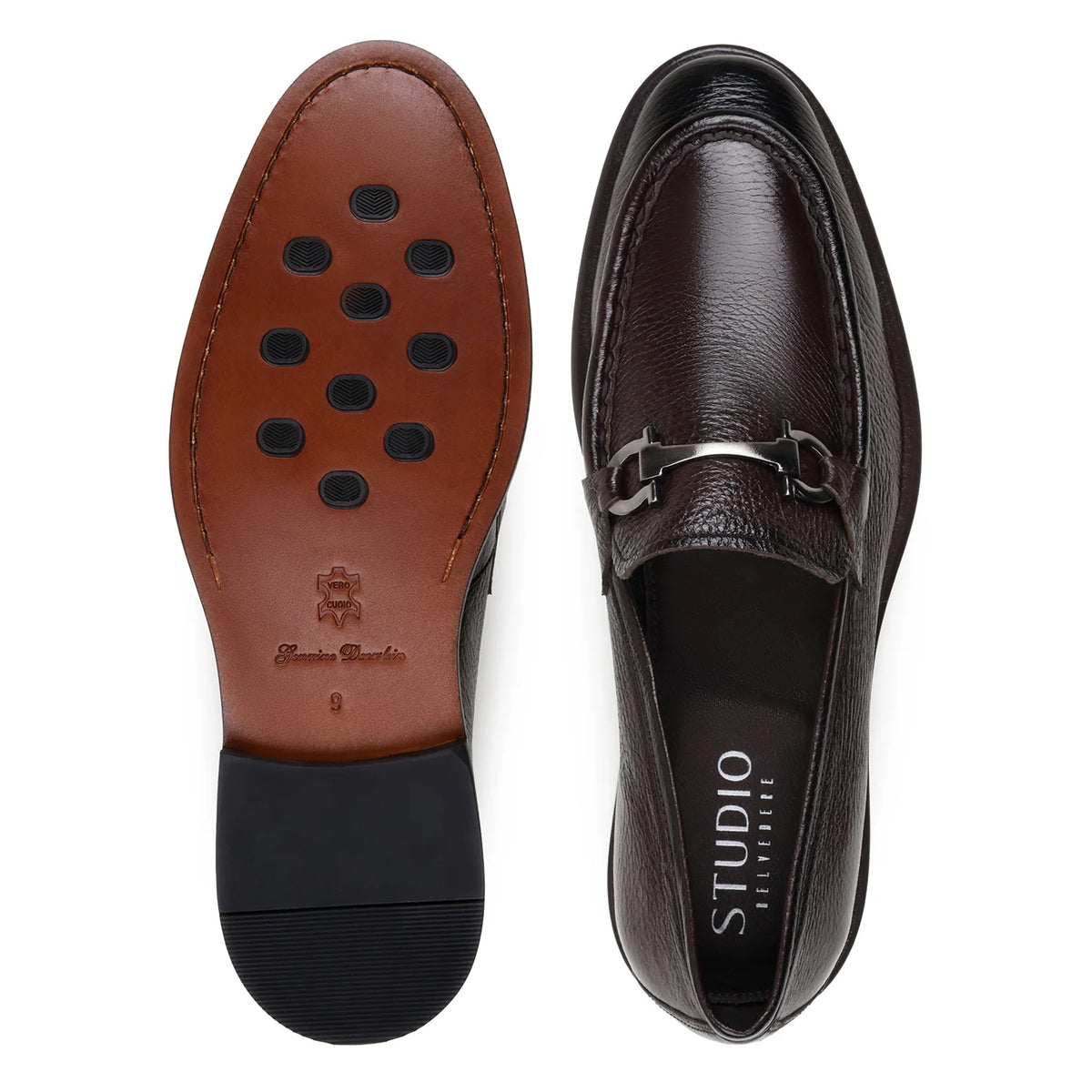 Belvedere - Emilio, Genuine Italian Deerskin Upper Dress Shoe in brown, featuring a textured finish and silver-tone metal ornament on the vamps.