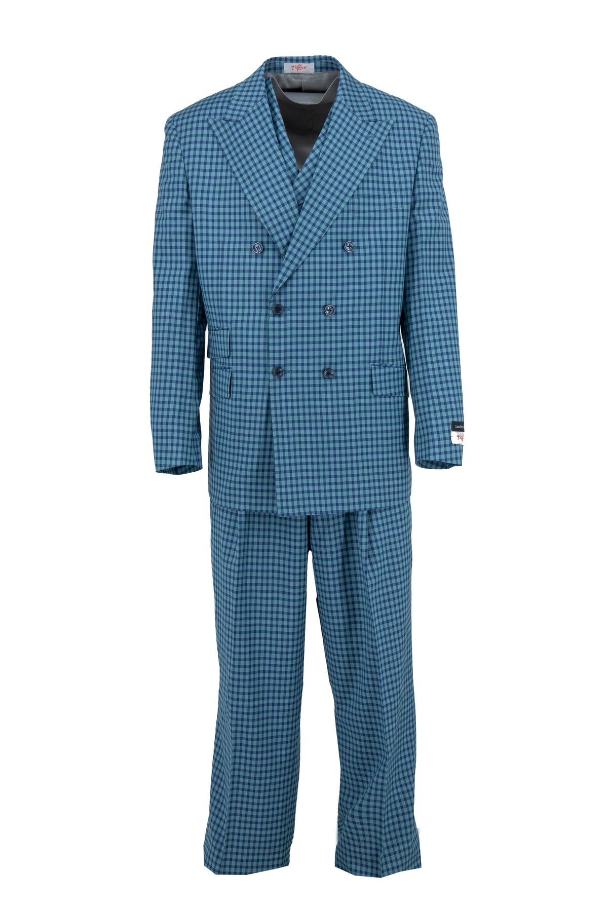 The Tiglio Rosso Wide Leg DB Este Teal/Navy TL2615 suit features a double-breasted design with matching jacket and wide-leg trousers, shown on a plain white background.