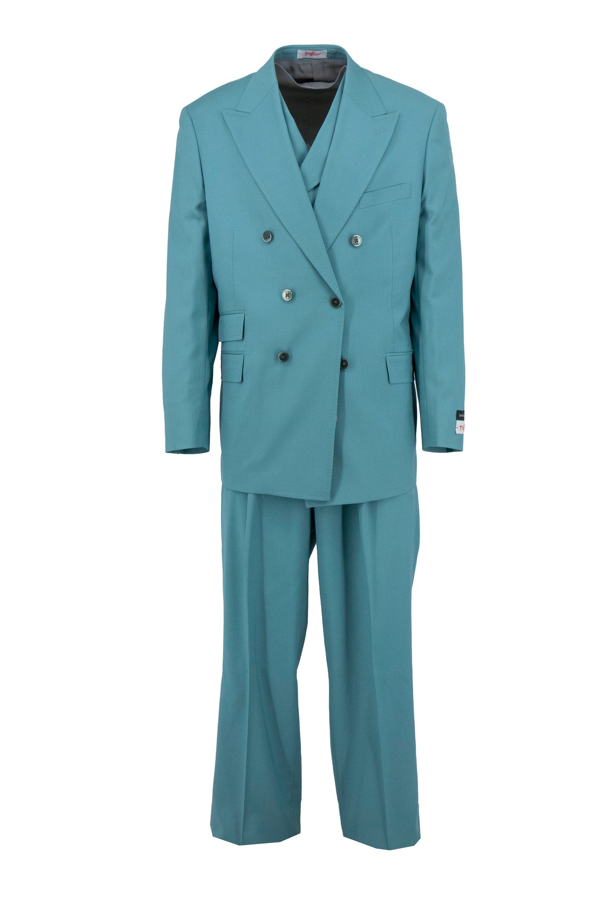 The Tiglio Rosso DB Este TL2616 is a teal double-breasted 100% wool suit by Tiglio Rosso, featuring matching wide-leg trousers shown on a white background.