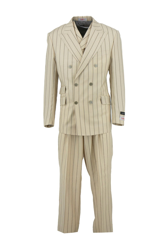The Tiglio Rosso Wide Leg DB Este Offwhite Pinstripe TL3120 suit by Tiglio Rosso features thin black pinstripes, wide lapels, and matching wide-leg trousers, showcased against a white background.