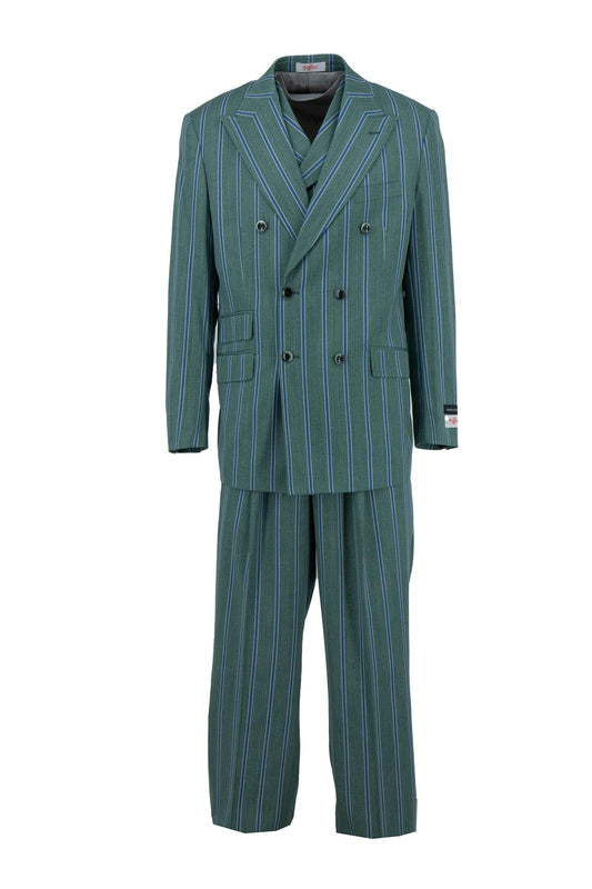 The Tiglio Rosso Wide Leg DB Este Green/Blue Pinstripe TL4120 suit by Tiglio Rosso features a double-breasted design with wide lapels and matching trousers in 100% wool, shown on a white background.