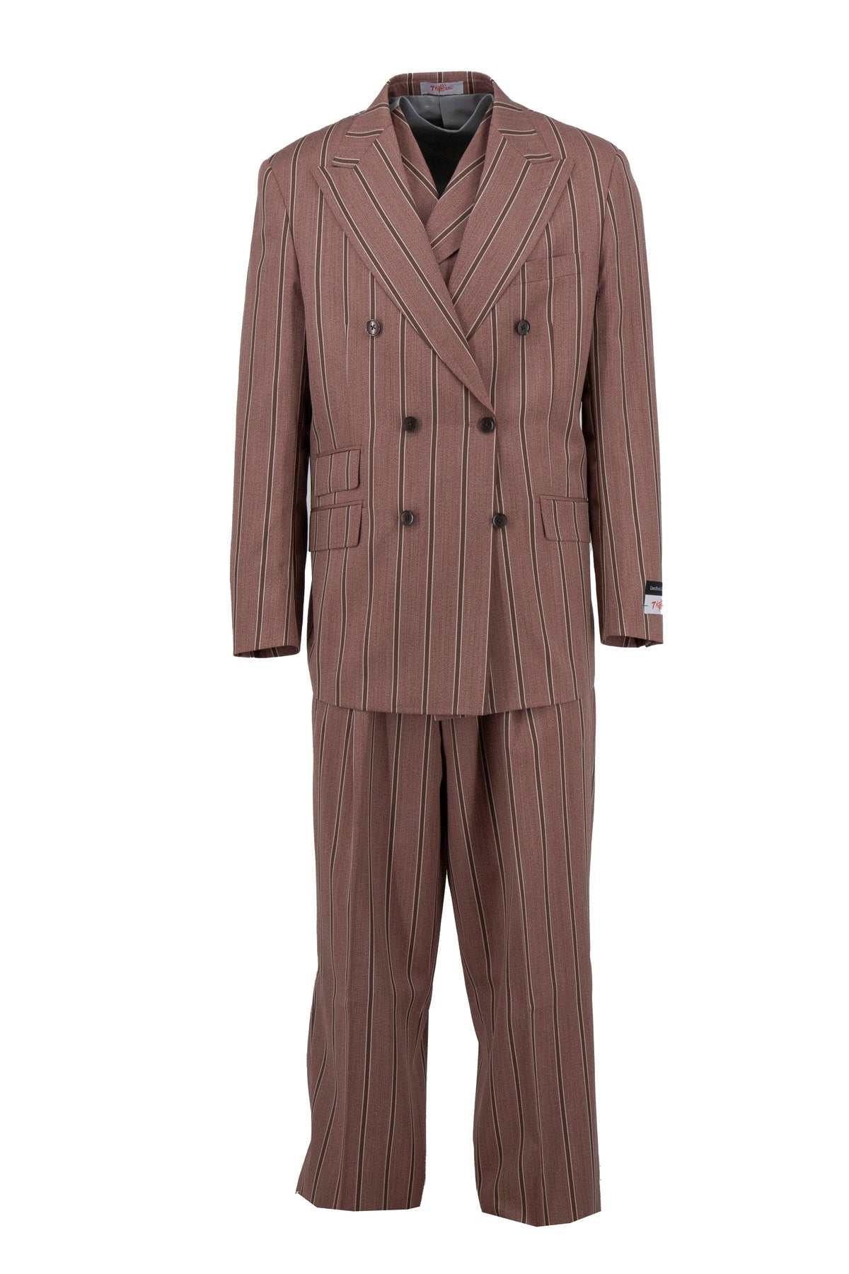 The Tiglio Rosso DB Este TL4121 suit features a brown double-breasted jacket and matching wide-leg trousers with white pinstripes, displayed on a plain white background.