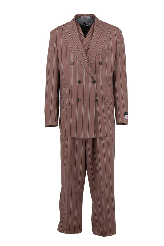 The Tiglio Rosso DB Este TL4121 suit features a brown double-breasted jacket and matching wide-leg trousers with white pinstripes, displayed on a plain white background.