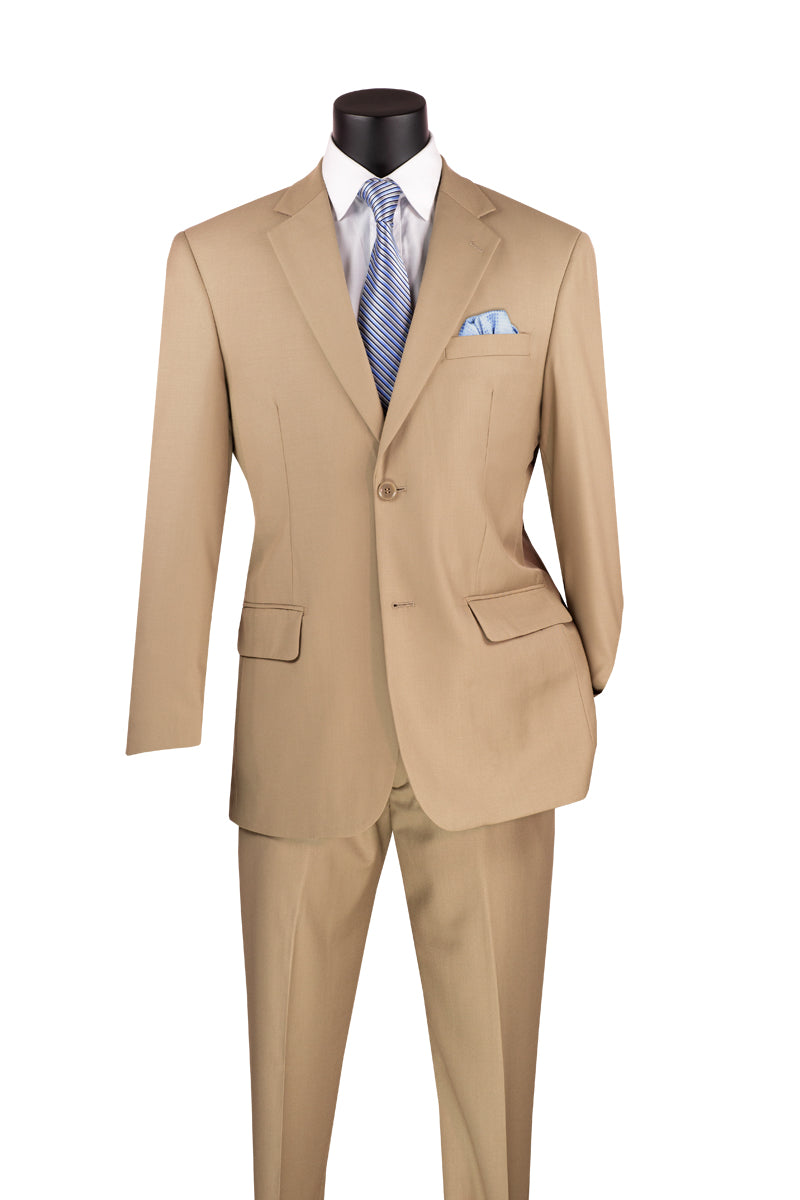 The Vinci Suits 2 Piece Suit features a single-breasted design in light beige Poly Rayon Blend with a 2" adjustable waistband, presented on a black mannequin with a blue tie and light blue pocket square.