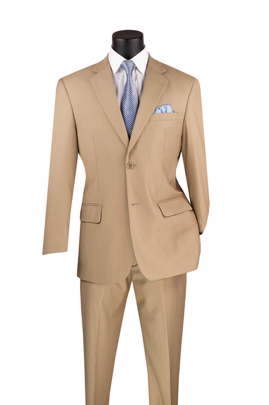 The Vinci Suits 2 Piece Suit features a single-breasted design in light beige Poly Rayon Blend with a 2" adjustable waistband, presented on a black mannequin with a blue tie and light blue pocket square.