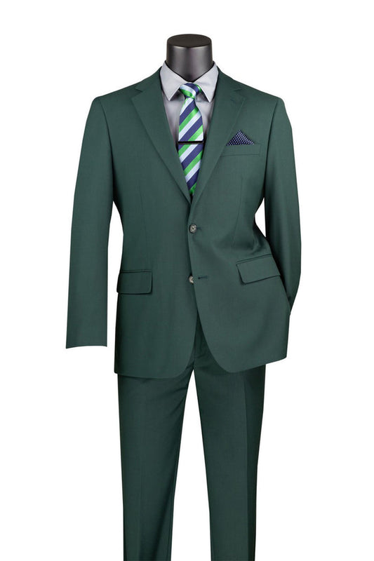 The Vinci Suits 2 Piece Suit in Hunter Green F-2C900 pairs a white shirt with a green-blue striped tie and blue pocket square. Crafted for luxury, it features a notch lapel and an adjustable waistband for the perfect fit.