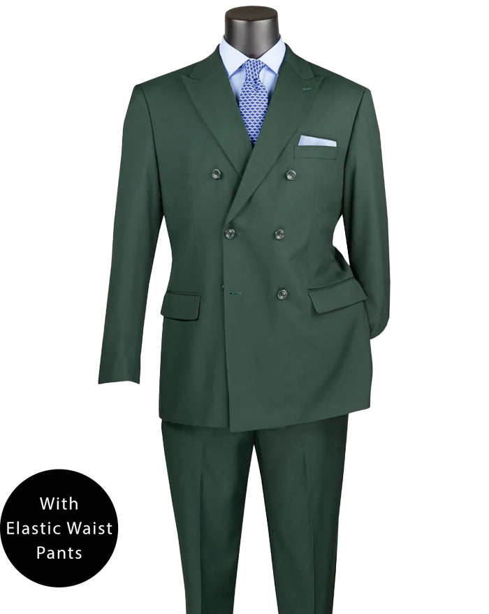 The Vinci Suits Regular Fit Double Breasted 2 Piece Suit in Hunter Green (F-DC900) features a notch-lapel blazer and comfortable pants with a flexible elastic waistband, paired with a blue patterned tie.